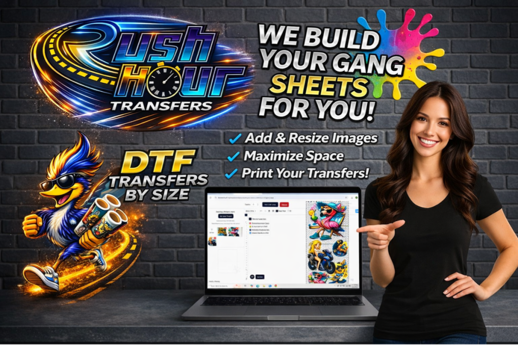 DTF transfers by size custom gang sheet builder Rush Hour Transfers